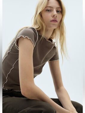 MANGO Women’s Brown Lettuce-Edge Short Sleeve Tee